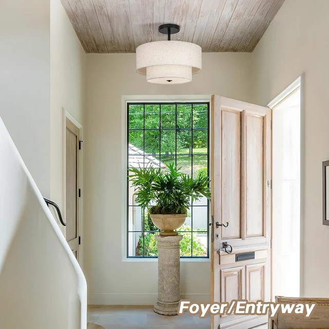 Alt view image 7 of 7 - 18 Inch Large Semi Flush Mount Ceiling Light Fixture with Dual Drum Design, Farmhouse Fabric Linen Shade for Bedroom, Living Room, Kitchen, and Dining - Modern Chandelier Lamp
