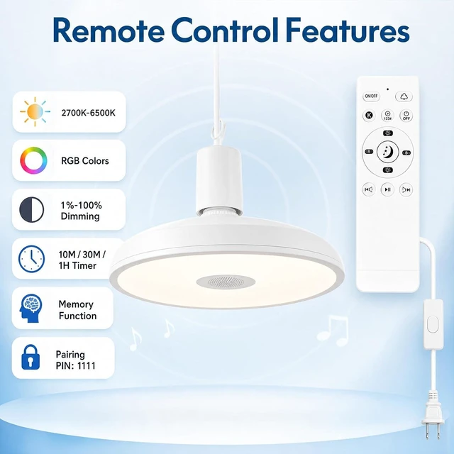Alt view image 4 of 7 - Plug in Pendant Light Hanging Light Fixture with Bluetooth Speaker
