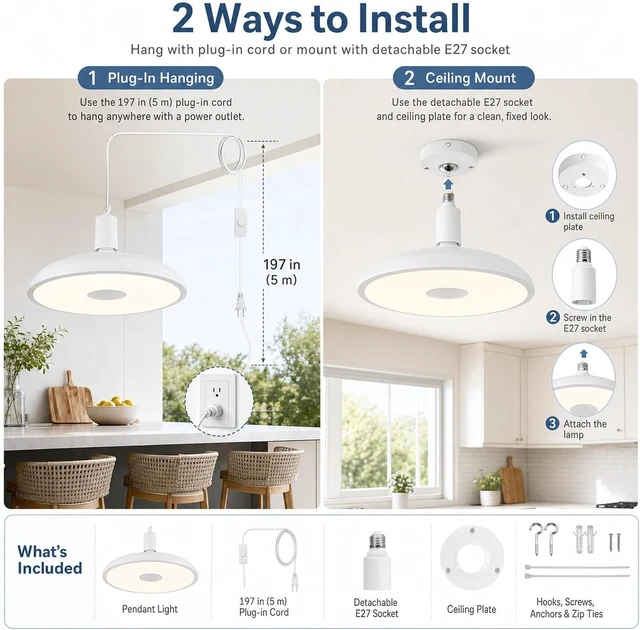 Alt view image 3 of 7 - Plug in Pendant Light Hanging Light Fixture with Bluetooth Speaker
