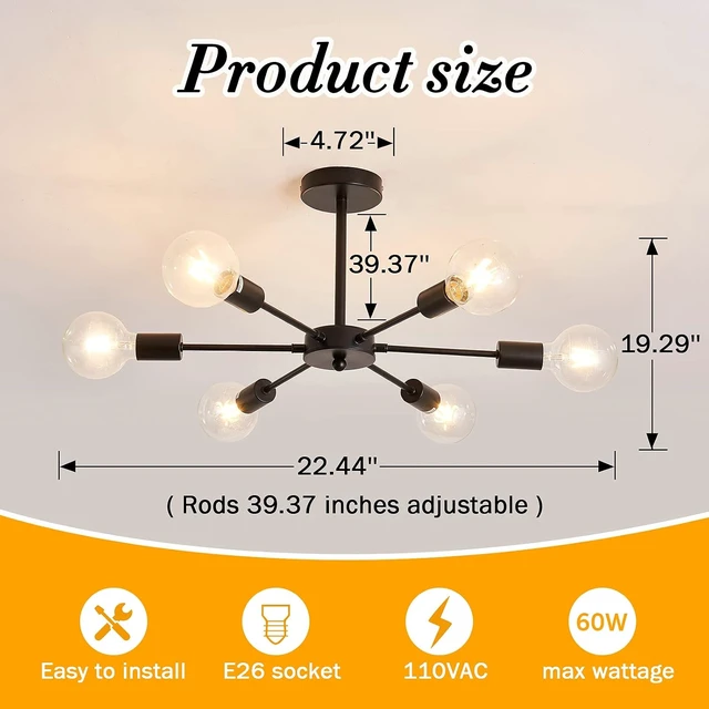 Alt view image 2 of 7 - UOFUS Sputnik 6 Light Chandelier Black Mid Century Ceiling Light Fixture Modern Pendant Lighting for Kitchen Dining Room Living Room Bedroom