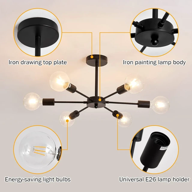 Alt view image 3 of 7 - UOFUS Sputnik 6 Light Chandelier Black Mid Century Ceiling Light Fixture Modern Pendant Lighting for Kitchen Dining Room Living Room Bedroom