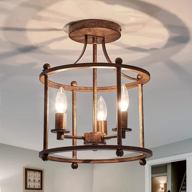 Main image of UOFUS 3-Light Farmhouse Vintage Semi Flush Mount Ceiling Light Fixtures in Rustic Bronze Metal Chandelier for Island Living Room Bedroom Kitchen Foyer Laundry Room Entryway Hallway