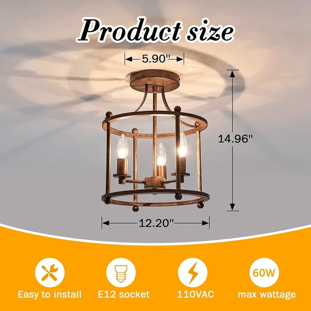 Alt view image 2 of 7 - UOFUS 3-Light Farmhouse Vintage Semi Flush Mount Ceiling Light Fixtures in Rustic Bronze Metal Chandelier for Island Living Room Bedroom Kitchen Foyer Laundry Room Entryway Hallway