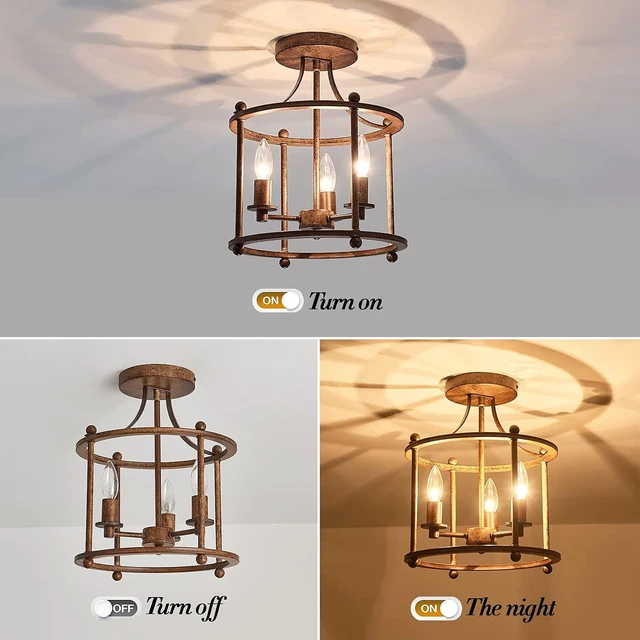 Alt view image 3 of 7 - UOFUS 3-Light Farmhouse Vintage Semi Flush Mount Ceiling Light Fixtures in Rustic Bronze Metal Chandelier for Island Living Room Bedroom Kitchen Foyer Laundry Room Entryway Hallway