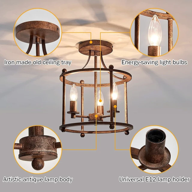 Alt view image 4 of 7 - UOFUS 3-Light Farmhouse Vintage Semi Flush Mount Ceiling Light Fixtures in Rustic Bronze Metal Chandelier for Island Living Room Bedroom Kitchen Foyer Laundry Room Entryway Hallway
