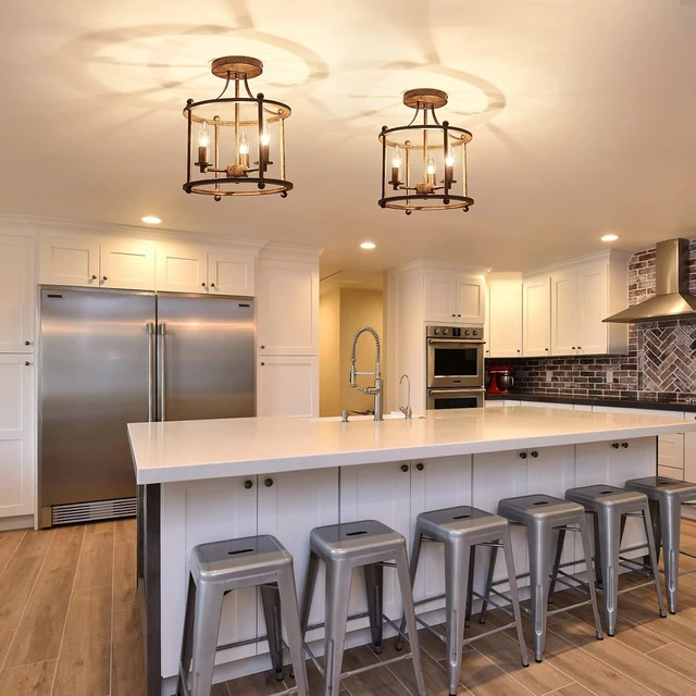 Alt view image 5 of 7 - UOFUS 3-Light Farmhouse Vintage Semi Flush Mount Ceiling Light Fixtures in Rustic Bronze Metal Chandelier for Island Living Room Bedroom Kitchen Foyer Laundry Room Entryway Hallway