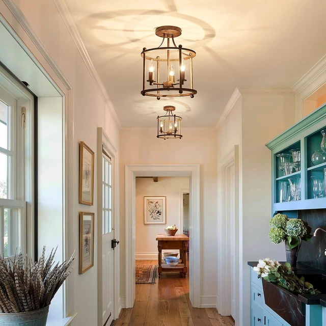 Alt view image 7 of 7 - UOFUS 3-Light Farmhouse Vintage Semi Flush Mount Ceiling Light Fixtures in Rustic Bronze Metal Chandelier for Island Living Room Bedroom Kitchen Foyer Laundry Room Entryway Hallway