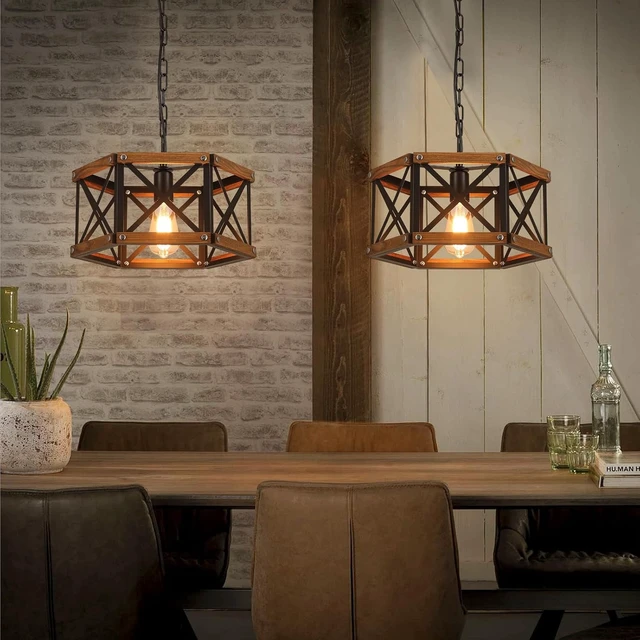Alt view image 2 of 7 - Rustic Farmhouse Plug in Pendant Light Fixture with Adjustable Chain, Dimmable Switch, 14.5 inch Industrial Oak Wood and Metal Cage Hanging Lamp for Kitchen Island Dining Room Farmhouse, Black