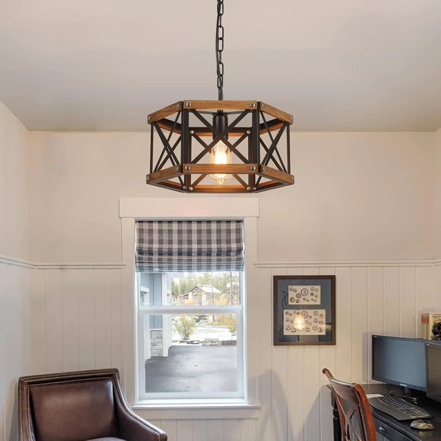 Alt view image 3 of 7 - Rustic Farmhouse Plug in Pendant Light Fixture with Adjustable Chain, Dimmable Switch, 14.5 inch Industrial Oak Wood and Metal Cage Hanging Lamp for Kitchen Island Dining Room Farmhouse, Black