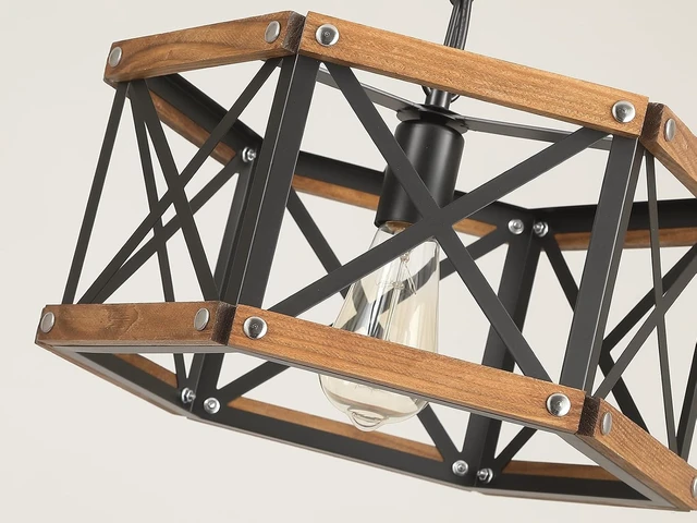 Alt view image 5 of 7 - Rustic Farmhouse Plug in Pendant Light Fixture with Adjustable Chain, Dimmable Switch, 14.5 inch Industrial Oak Wood and Metal Cage Hanging Lamp for Kitchen Island Dining Room Farmhouse, Black