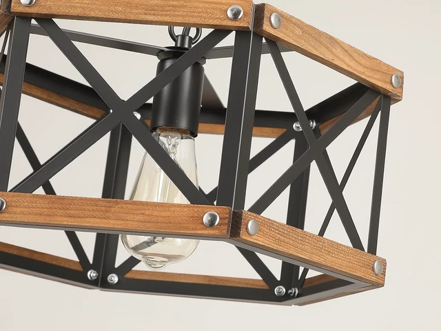 Alt view image 6 of 7 - Rustic Farmhouse Plug in Pendant Light Fixture with Adjustable Chain, Dimmable Switch, 14.5 inch Industrial Oak Wood and Metal Cage Hanging Lamp for Kitchen Island Dining Room Farmhouse, Black