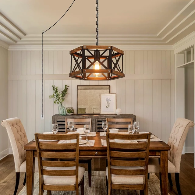 Alt view image 7 of 7 - Rustic Farmhouse Plug in Pendant Light Fixture with Adjustable Chain, Dimmable Switch, 14.5 inch Industrial Oak Wood and Metal Cage Hanging Lamp for Kitchen Island Dining Room Farmhouse, Black