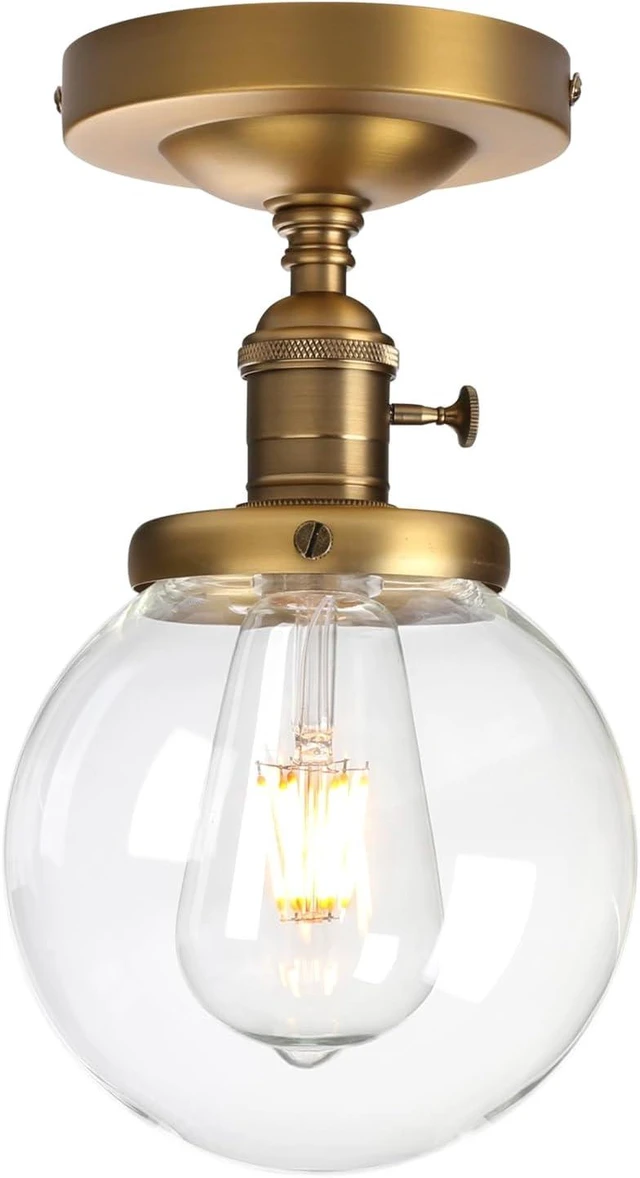 Main image of Pathson Industrial Brass Semi-Flush Mount Ceiling Light, Vintage Style Pendant Lighting, Glass Shade Hanging Light Fixtures for Laundry Room Living Room Cafe Bar