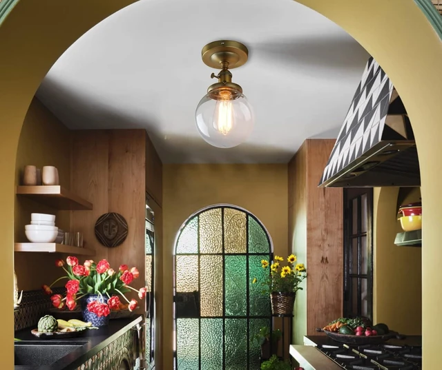 Alt view image 2 of 7 - Pathson Industrial Brass Semi-Flush Mount Ceiling Light, Vintage Style Pendant Lighting, Glass Shade Hanging Light Fixtures for Laundry Room Living Room Cafe Bar