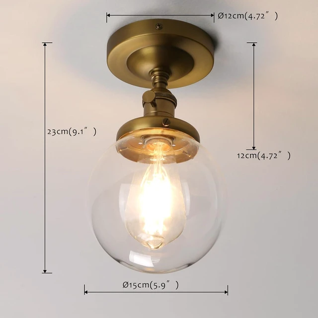 Alt view image 5 of 7 - Pathson Industrial Brass Semi-Flush Mount Ceiling Light, Vintage Style Pendant Lighting, Glass Shade Hanging Light Fixtures for Laundry Room Living Room Cafe Bar