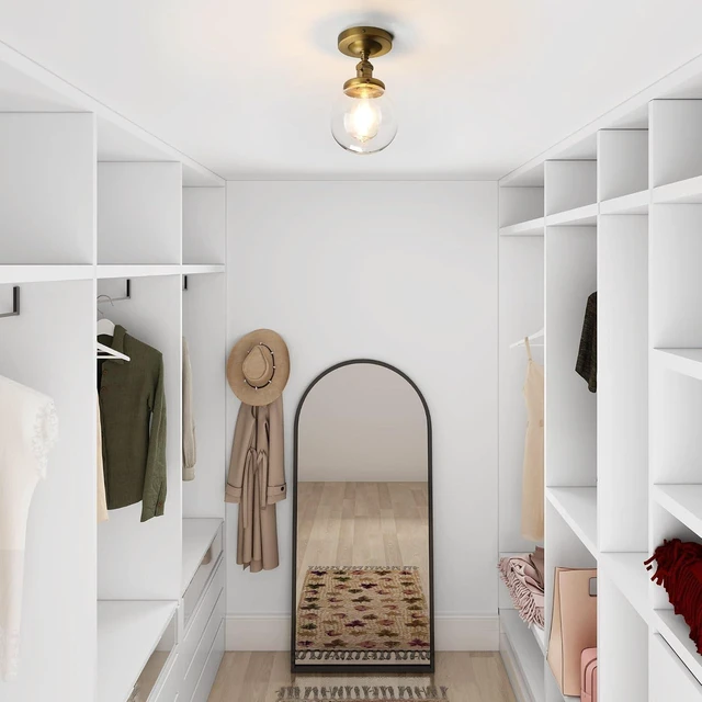 Alt view image 3 of 7 - Pathson Industrial Brass Semi-Flush Mount Ceiling Light, Vintage Style Pendant Lighting, Glass Shade Hanging Light Fixtures for Laundry Room Living Room Cafe Bar
