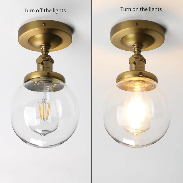 Alt view image 7 of 7 - Pathson Industrial Brass Semi-Flush Mount Ceiling Light, Vintage Style Pendant Lighting, Glass Shade Hanging Light Fixtures for Laundry Room Living Room Cafe Bar