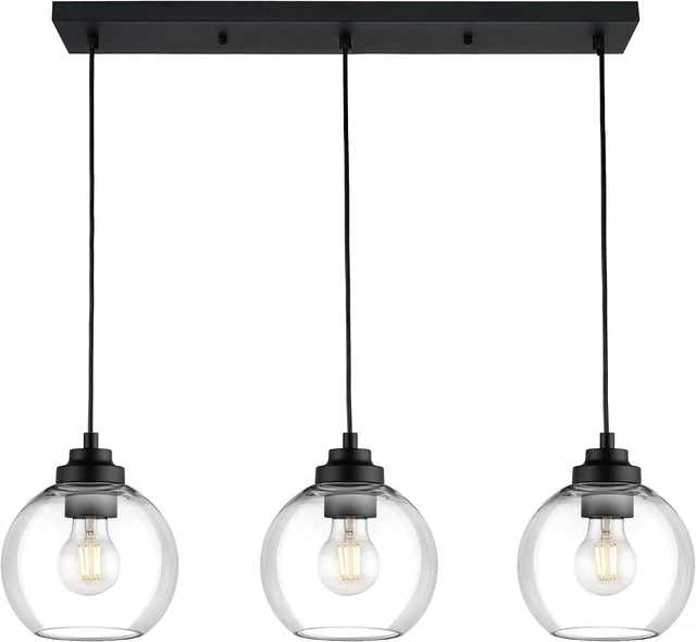 Main image of 8-Inch Black Kitchen Island Light,Clear Globe Glass,3-Light,BK-3S