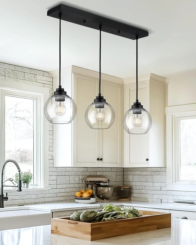 Alt view image 2 of 7 - 8-Inch Black Kitchen Island Light,Clear Globe Glass,3-Light,BK-3S