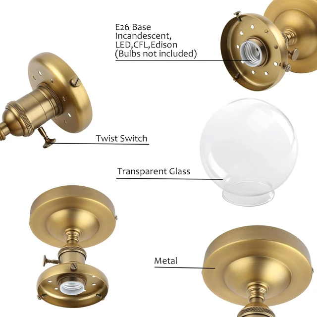 Alt view image 6 of 7 - Pathson Industrial Brass Semi-Flush Mount Ceiling Light, Vintage Style Pendant Lighting, Glass Shade Hanging Light Fixtures for Laundry Room Living Room Cafe Bar