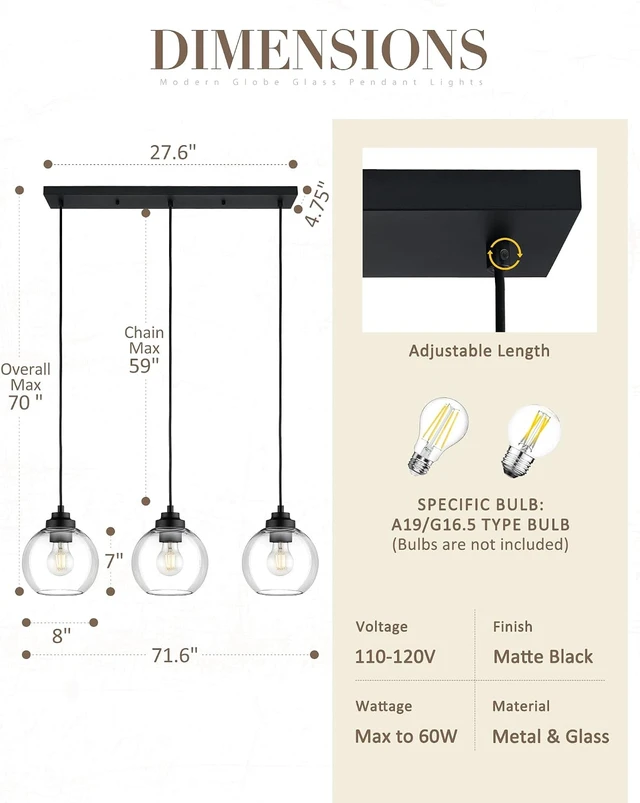 Alt view image 3 of 7 - 8-Inch Black Kitchen Island Light,Clear Globe Glass,3-Light,BK-3S