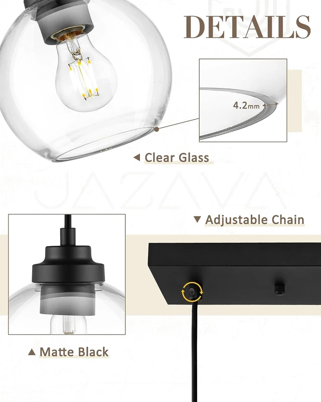 Alt view image 4 of 7 - 8-Inch Black Kitchen Island Light,Clear Globe Glass,3-Light,BK-3S