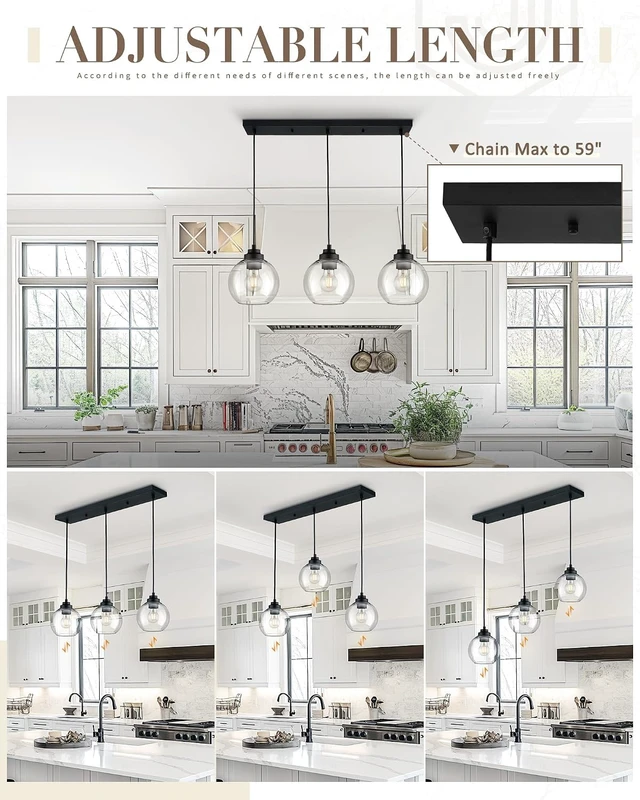 Alt view image 5 of 7 - 8-Inch Black Kitchen Island Light,Clear Globe Glass,3-Light,BK-3S