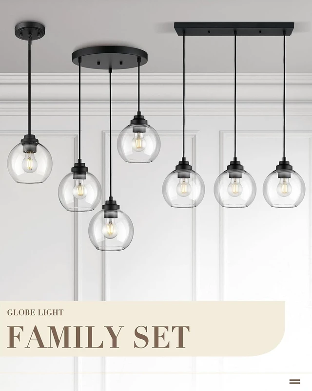 Alt view image 7 of 7 - 8-Inch Black Kitchen Island Light,Clear Globe Glass,3-Light,BK-3S