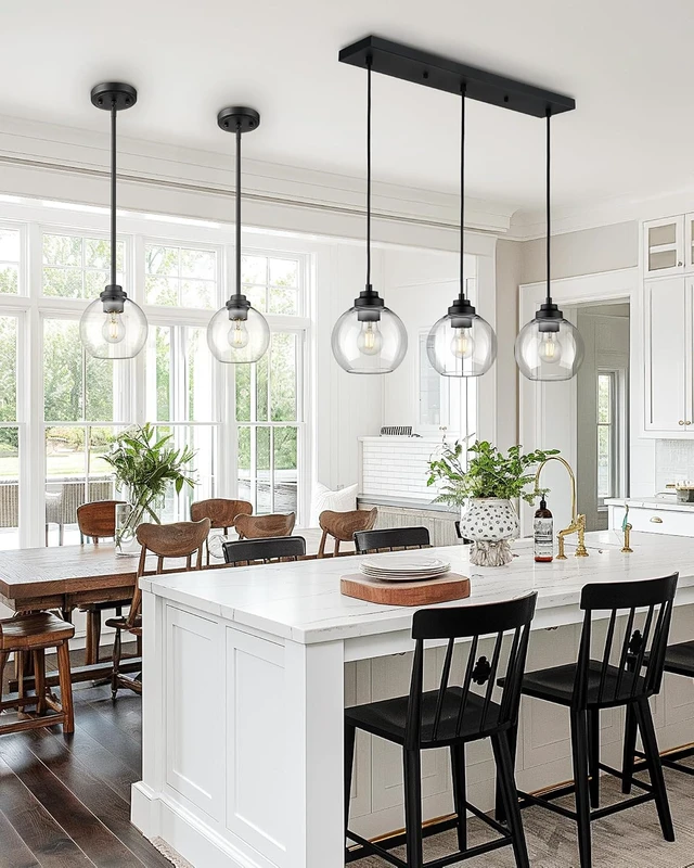 Alt view image 6 of 7 - 8-Inch Black Kitchen Island Light,Clear Globe Glass,3-Light,BK-3S