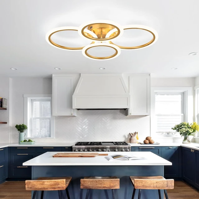 Alt view image 2 of 7 - Modern LED Ceiling Light, 4 Rings LED Dimmable Flush Mount Ceiling Light with Remote Control, Gold Close to Ceiling Lamp for Kitchen Living Room Bedroom Laundry Room Ceiling Lighting Fixture