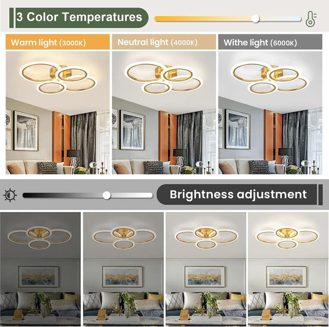 Alt view image 3 of 7 - Modern LED Ceiling Light, 4 Rings LED Dimmable Flush Mount Ceiling Light with Remote Control, Gold Close to Ceiling Lamp for Kitchen Living Room Bedroom Laundry Room Ceiling Lighting Fixture