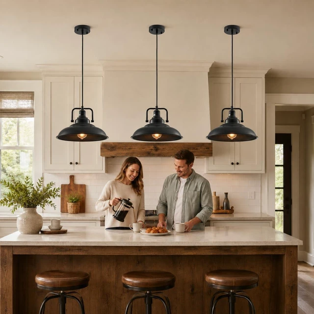 Alt view image 2 of 7 - Black Pendant Light 12.5 inches 3 Packs, Farmhouse Pendant Light, Industrial Pendant Lighting, Kitchen Pendant Lights, Pendant Lights Kitchen Island for Dinning Room Entryway Barn