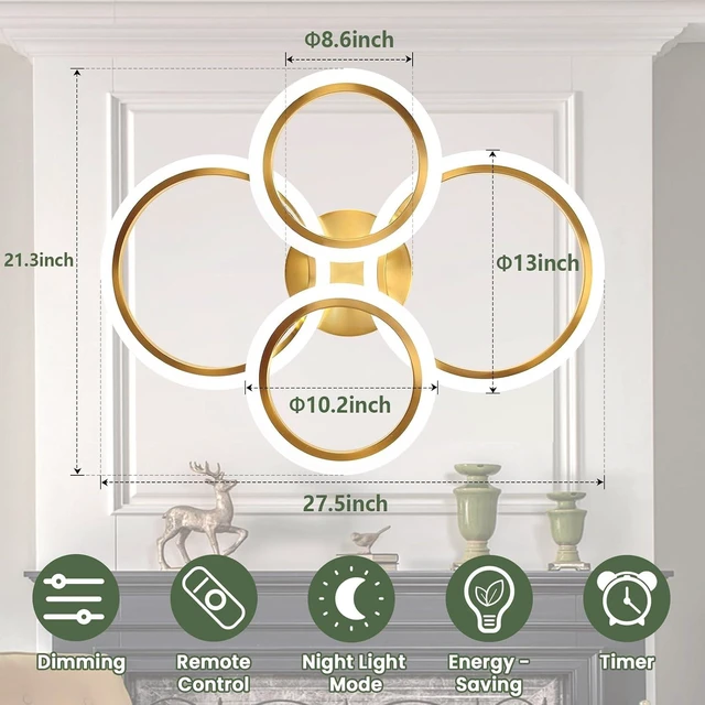 Alt view image 6 of 7 - Modern LED Ceiling Light, 4 Rings LED Dimmable Flush Mount Ceiling Light with Remote Control, Gold Close to Ceiling Lamp for Kitchen Living Room Bedroom Laundry Room Ceiling Lighting Fixture