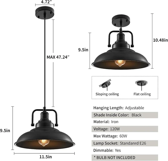 Alt view image 6 of 7 - Black Pendant Light 12.5 inches 3 Packs, Farmhouse Pendant Light, Industrial Pendant Lighting, Kitchen Pendant Lights, Pendant Lights Kitchen Island for Dinning Room Entryway Barn