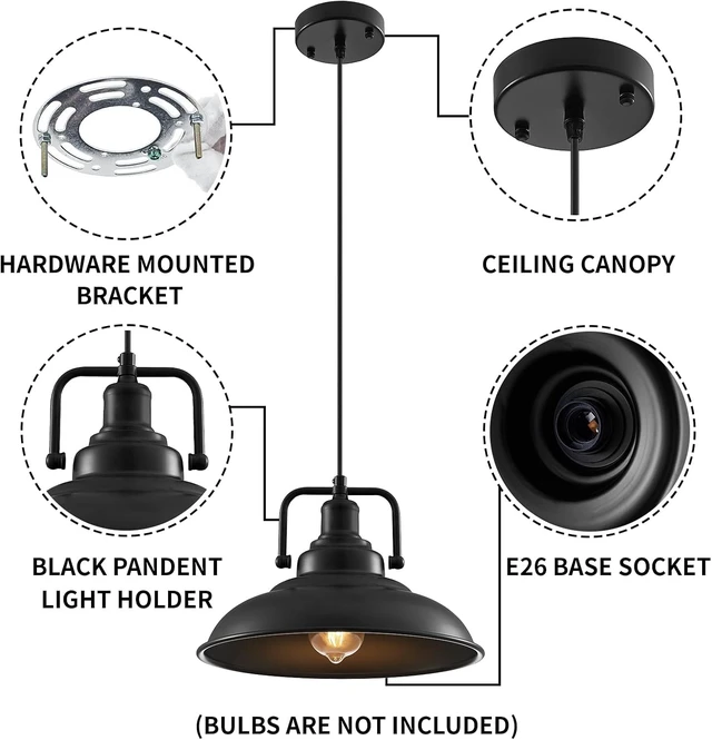 Alt view image 7 of 7 - Black Pendant Light 12.5 inches 3 Packs, Farmhouse Pendant Light, Industrial Pendant Lighting, Kitchen Pendant Lights, Pendant Lights Kitchen Island for Dinning Room Entryway Barn
