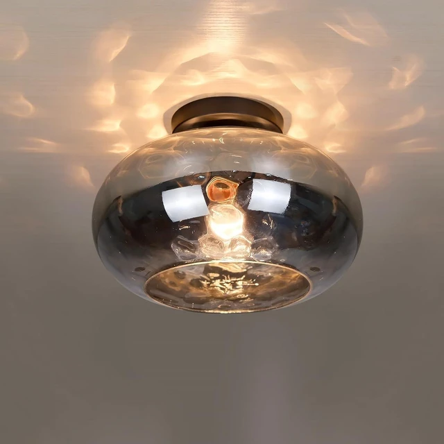 Main image of Matte Black Semi Flush Mount Ceiling Fixture 11" Hammered Glass Shade Modern Close to Ceiling Lighting 1-Light Art Lampshade for Hallway Foyer Bedroom