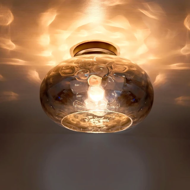 Alt view image 2 of 7 - Matte Black Semi Flush Mount Ceiling Fixture 11" Hammered Glass Shade Modern Close to Ceiling Lighting 1-Light Art Lampshade for Hallway Foyer Bedroom
