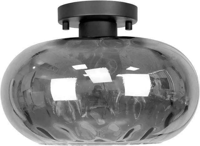 Alt view image 5 of 7 - Matte Black Semi Flush Mount Ceiling Fixture 11" Hammered Glass Shade Modern Close to Ceiling Lighting 1-Light Art Lampshade for Hallway Foyer Bedroom