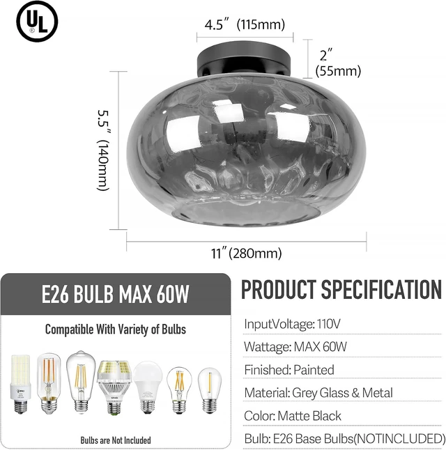 Alt view image 6 of 7 - Matte Black Semi Flush Mount Ceiling Fixture 11" Hammered Glass Shade Modern Close to Ceiling Lighting 1-Light Art Lampshade for Hallway Foyer Bedroom