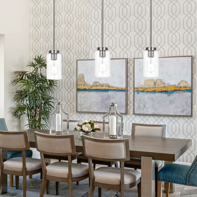 Alt view image 3 of 7 - One Light Chandeliers Modern Clear Glass Pendant Lighting Brushed Nickel Dining Room Lighting Fixtures Hanging Contemporary Lamp Semi Flush Mount Ceiling Lights