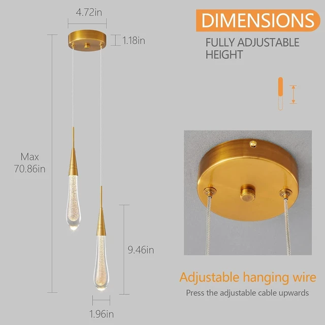 Alt view image 6 of 6 - LMQNINE Pendant Lights Kitchen Light Fixtures Dimmable LED Modern Gold Pendant Light Mini Teardrop Crystal Pendant Lighting for Kitchen Island Bedroom Hallway Entryway (2-Light)