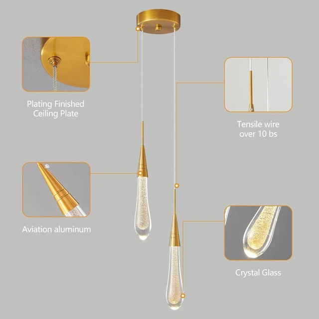 Alt view image 5 of 6 - LMQNINE Pendant Lights Kitchen Light Fixtures Dimmable LED Modern Gold Pendant Light Mini Teardrop Crystal Pendant Lighting for Kitchen Island Bedroom Hallway Entryway (2-Light)