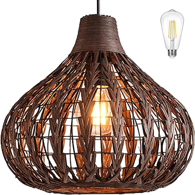 Main image of Bamboo Chandelier Handwoven Rattan Pendant Light Wicker Lamp Shade Ceiling Light Fixture Weave Hanging Light D13.8INCH, 12W 2700K Corn Bulb Included