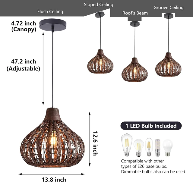Alt view image 5 of 7 - Bamboo Chandelier Handwoven Rattan Pendant Light Wicker Lamp Shade Ceiling Light Fixture Weave Hanging Light D13.8INCH, 12W 2700K Corn Bulb Included