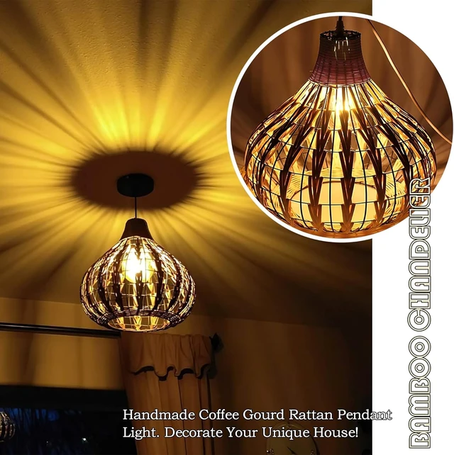 Alt view image 3 of 7 - Bamboo Chandelier Handwoven Rattan Pendant Light Wicker Lamp Shade Ceiling Light Fixture Weave Hanging Light D13.8INCH, 12W 2700K Corn Bulb Included