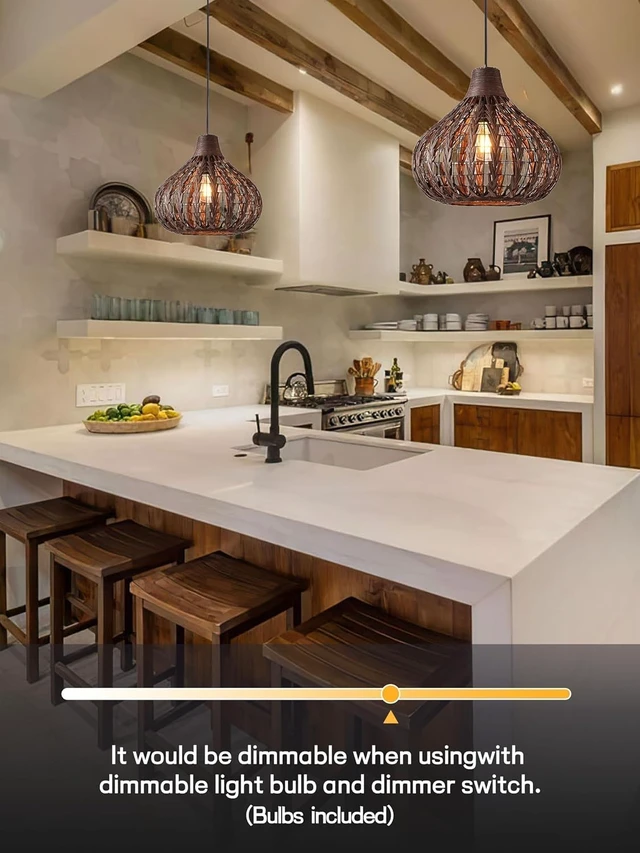Alt view image 6 of 7 - Bamboo Chandelier Handwoven Rattan Pendant Light Wicker Lamp Shade Ceiling Light Fixture Weave Hanging Light D13.8INCH, 12W 2700K Corn Bulb Included