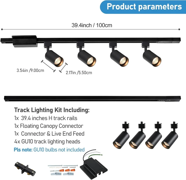 Alt view image 2 of 7 - 4-Light LED Track Lighting Kit with 3.3FT H Track Lighting Rails & Floating Canopy Connector, GU10 Track Light Kit, Modern Kitchen Track Lighting Fixtures Ceiling Spot Light, Black (No Bulbs)