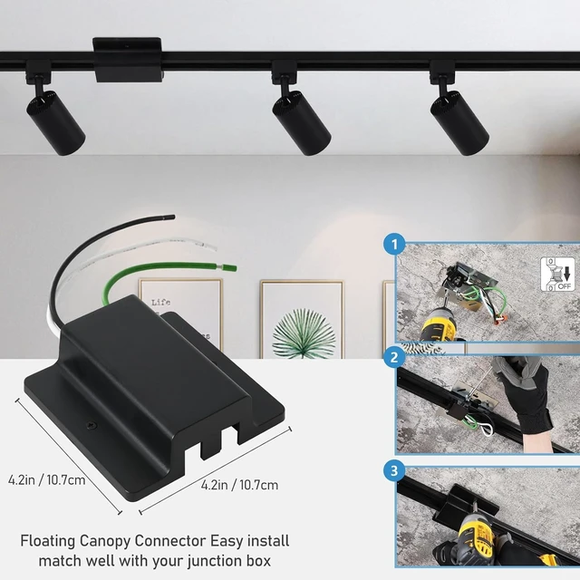 Alt view image 5 of 7 - 4-Light LED Track Lighting Kit with 3.3FT H Track Lighting Rails & Floating Canopy Connector, GU10 Track Light Kit, Modern Kitchen Track Lighting Fixtures Ceiling Spot Light, Black (No Bulbs)