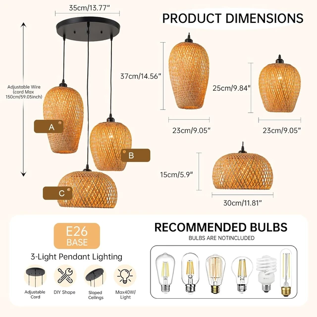 Alt view image 2 of 7 - Rattan Pendant Light Bamboo Hanging Light 3-Lights Boho Pendant Light Fixture Woven Basket Wicker Shade Rattan Chandelier for Living Room Dining Room Kitchen