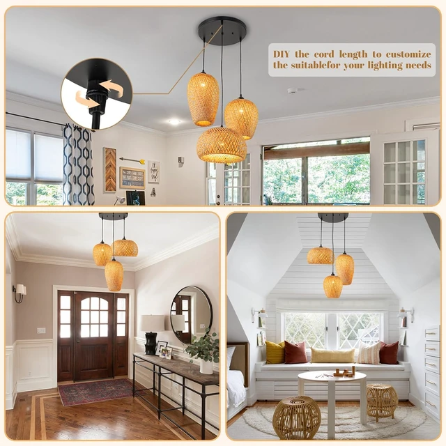 Alt view image 3 of 7 - Rattan Pendant Light Bamboo Hanging Light 3-Lights Boho Pendant Light Fixture Woven Basket Wicker Shade Rattan Chandelier for Living Room Dining Room Kitchen